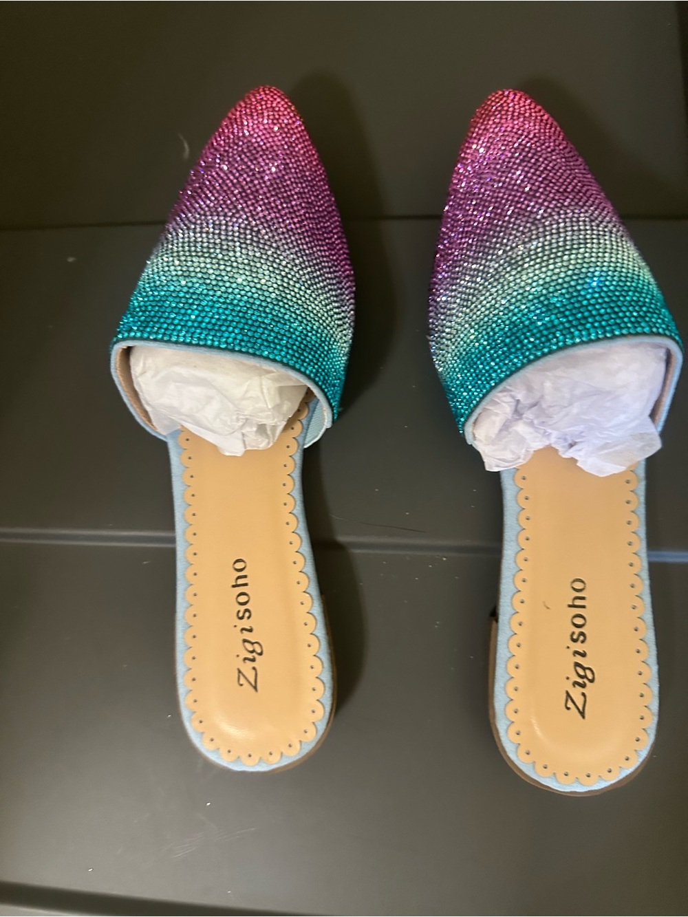 Zigi Soho Ombre Crystal Pointed Slip-On Mules in Pink and Teal
